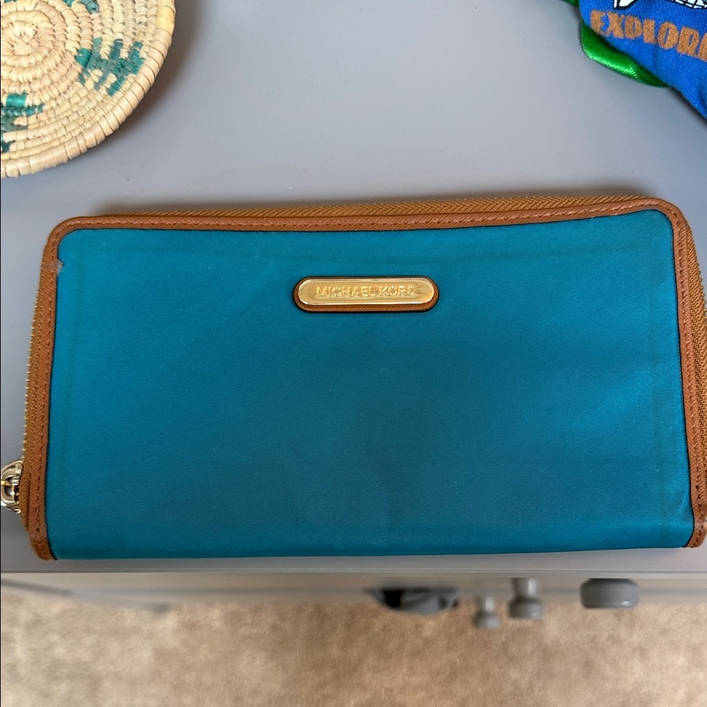 Michael Kors Blue and Brown Wallet with Gold Accent